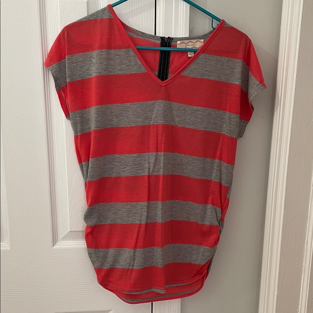 Orange/red and Gray Striped V-Neck Top